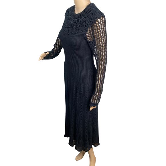 Vtg 60s Nina Spain Black Gothic Lolita Crochet Collared Knit Midi Dress SZ M/L - Picture 6 of 11